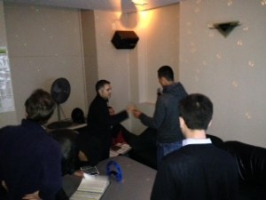 Colin, Rafael, Jeremy and Paul hang out the karaoke lounge on Friday, Oct. 25, 2015.